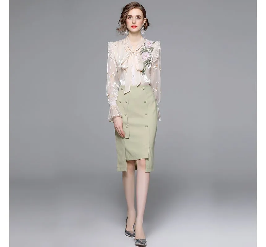 Set: Bow-Neck Ruffle Trim Embroidered Blouse   Plain Midi Pencil Skirt EE10