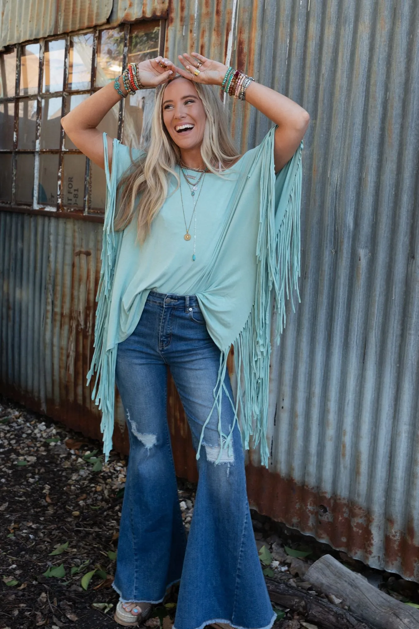 Showstopper Fringe Top - Washed Seafoam