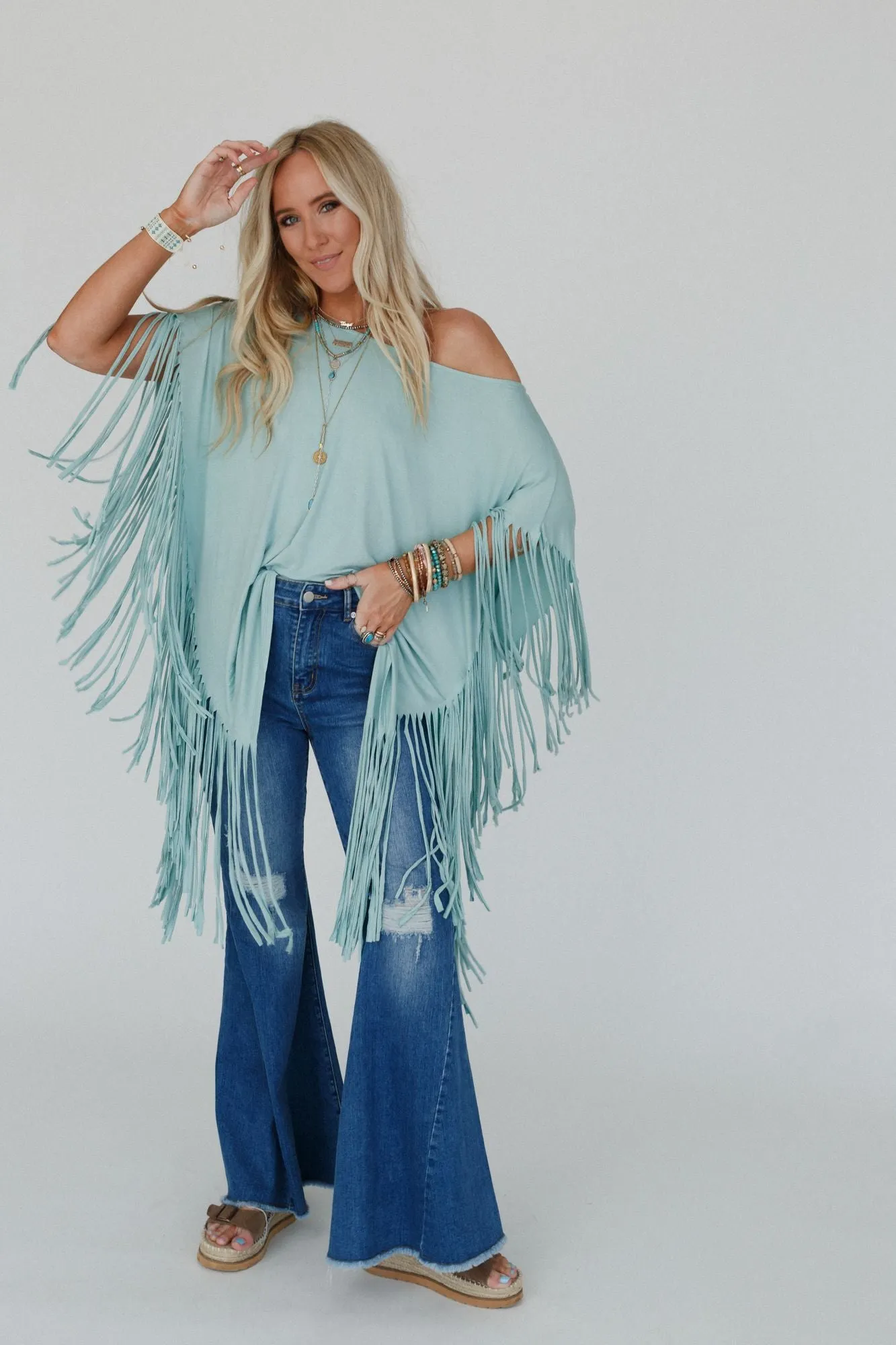 Showstopper Fringe Top - Washed Seafoam