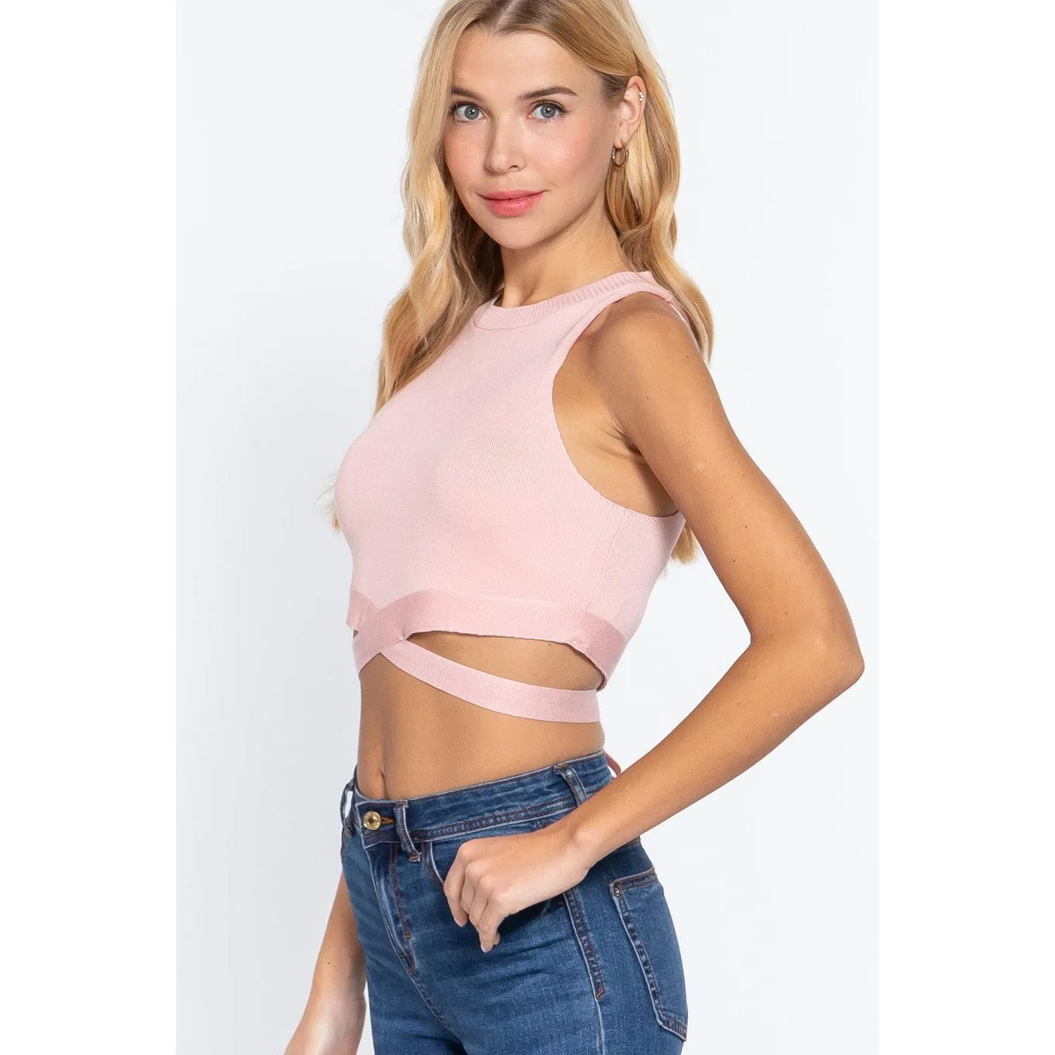 Sleeveless Crew Neck Waist Tie Crop Sweater Top