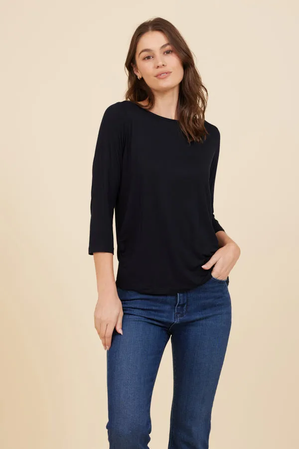 Soft Touch 3/4 Sleeve Pleat Back Crewneck in Marine