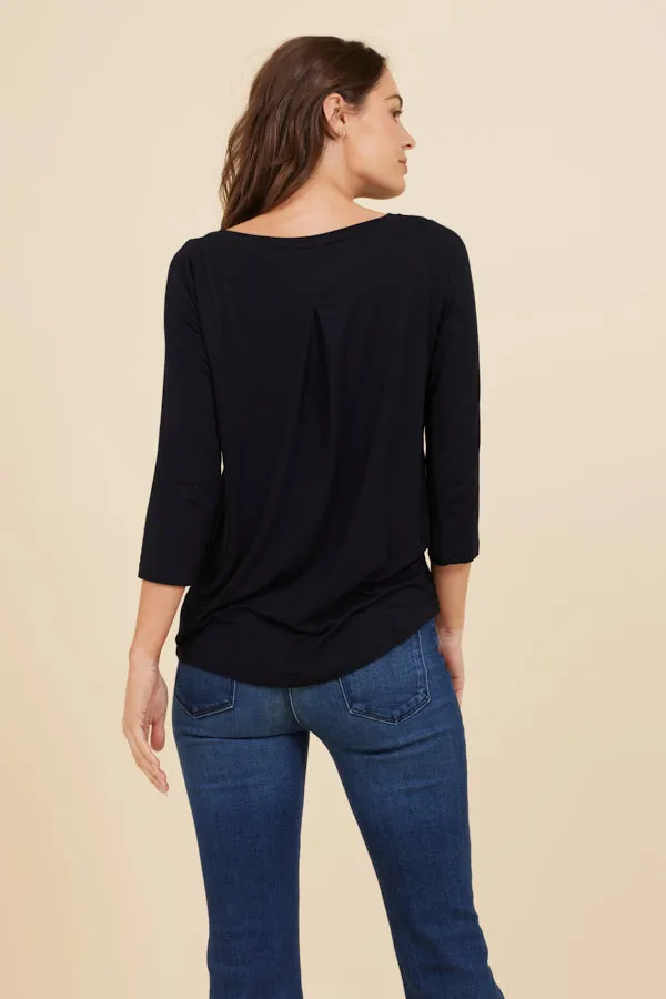 Soft Touch 3/4 Sleeve Pleat Back Crewneck in Marine