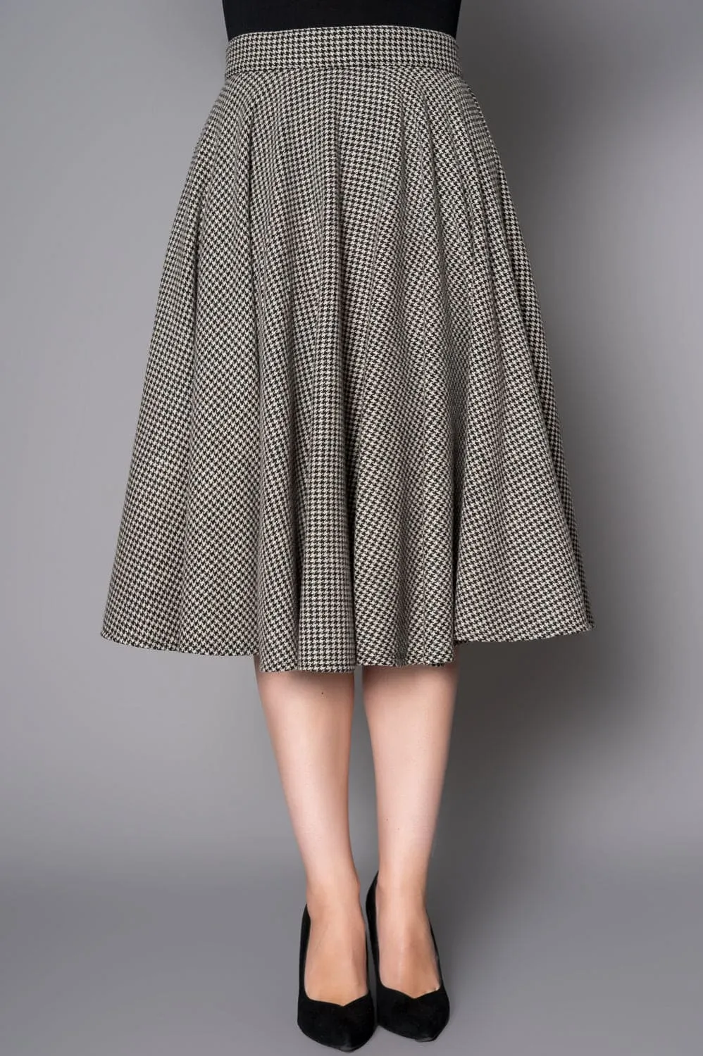 Sophie Houndstooth Woollen Check Tartan Midi Swing Skirt