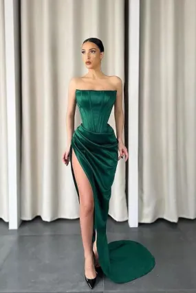 Strapless Sleeveless Long Slit Mermaid Prom Dress - Dark Green