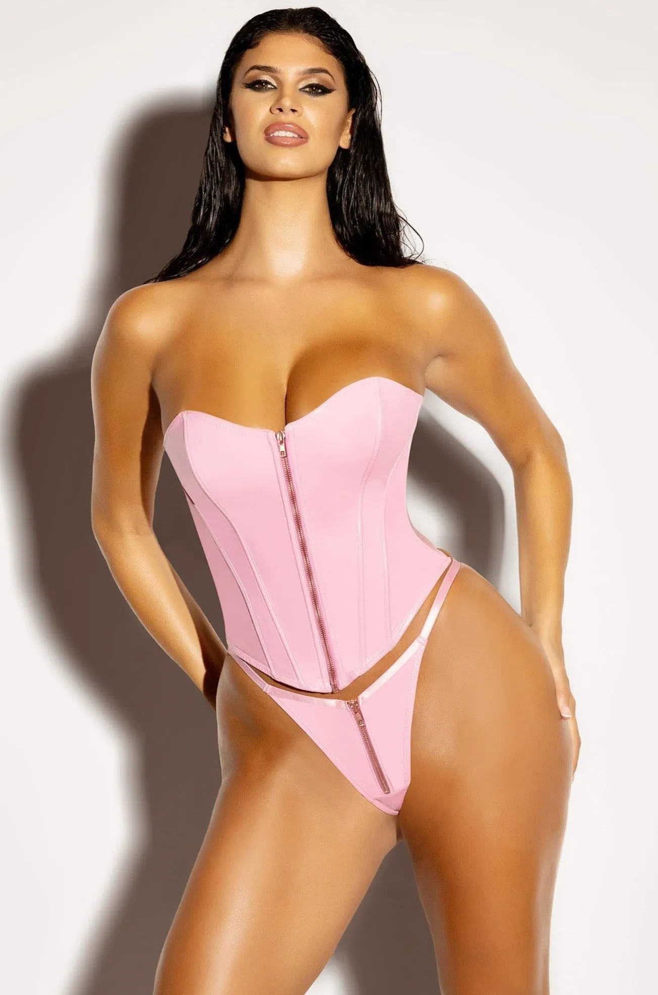 Strapless Vinyl Bustier with Functional Front Zipper and Matching Thong | Pink