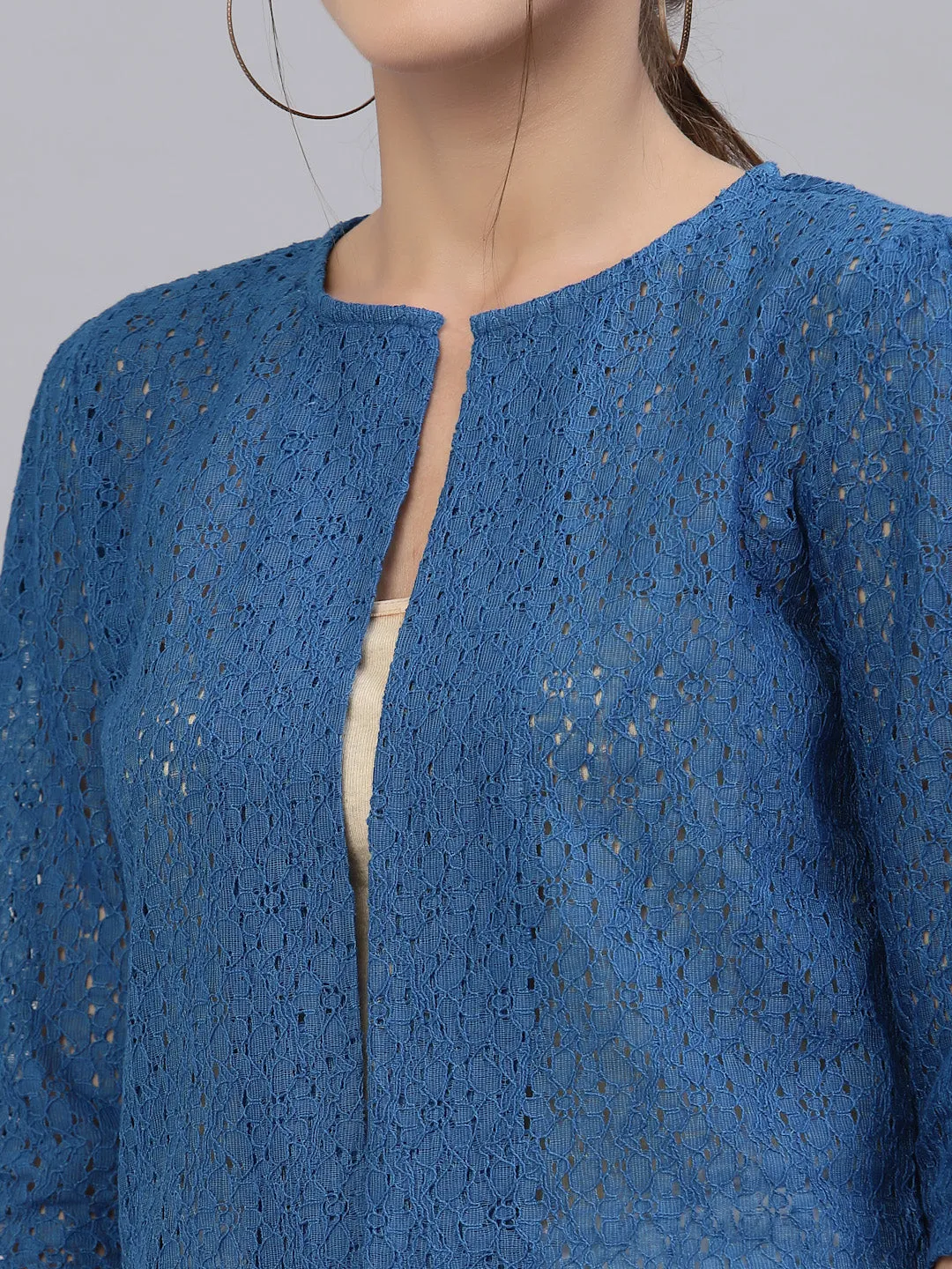 Style Quotient Women Blue Self Design Floral lace Regular Open Front Shrug