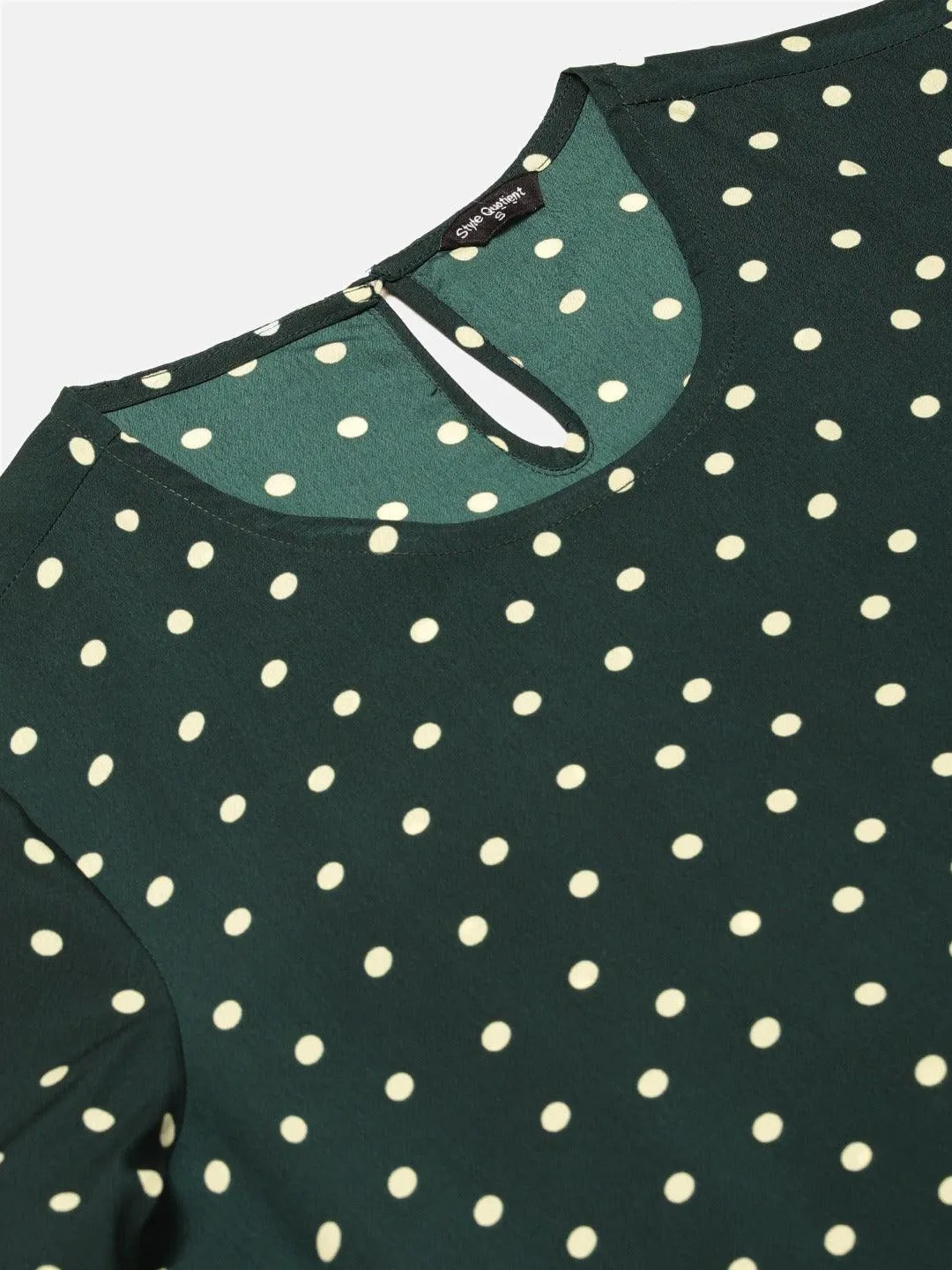 Style Quotient Women Green And White Polka Dot Printed Polyester Smart Casual Top