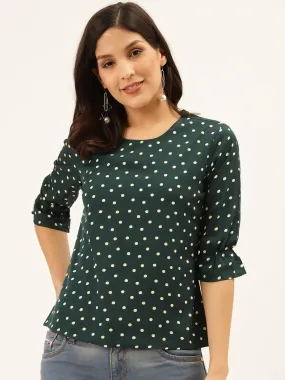 Style Quotient Women Green And White Polka Dot Printed Polyester Smart Casual Top