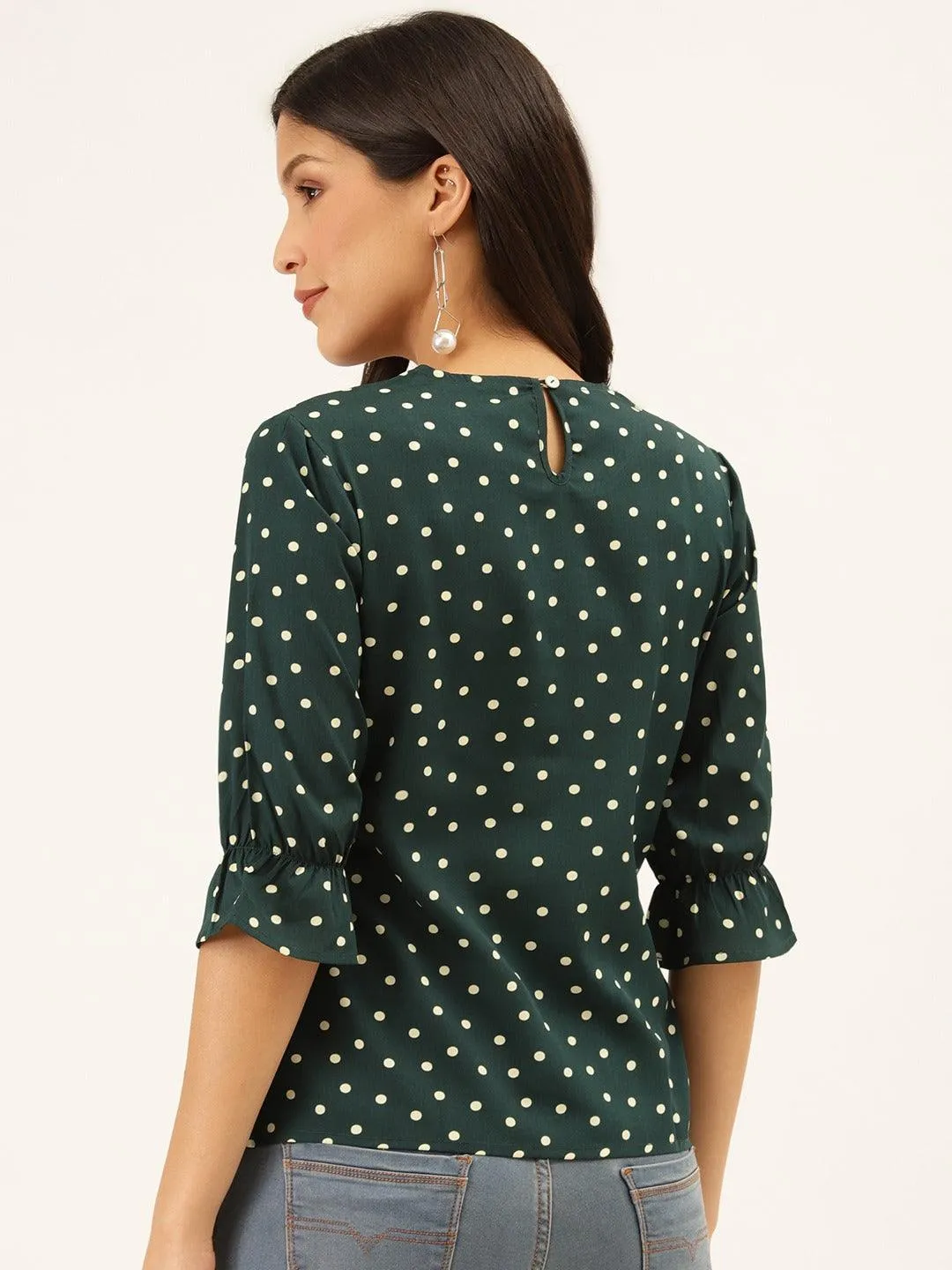 Style Quotient Women Green And White Polka Dot Printed Polyester Smart Casual Top