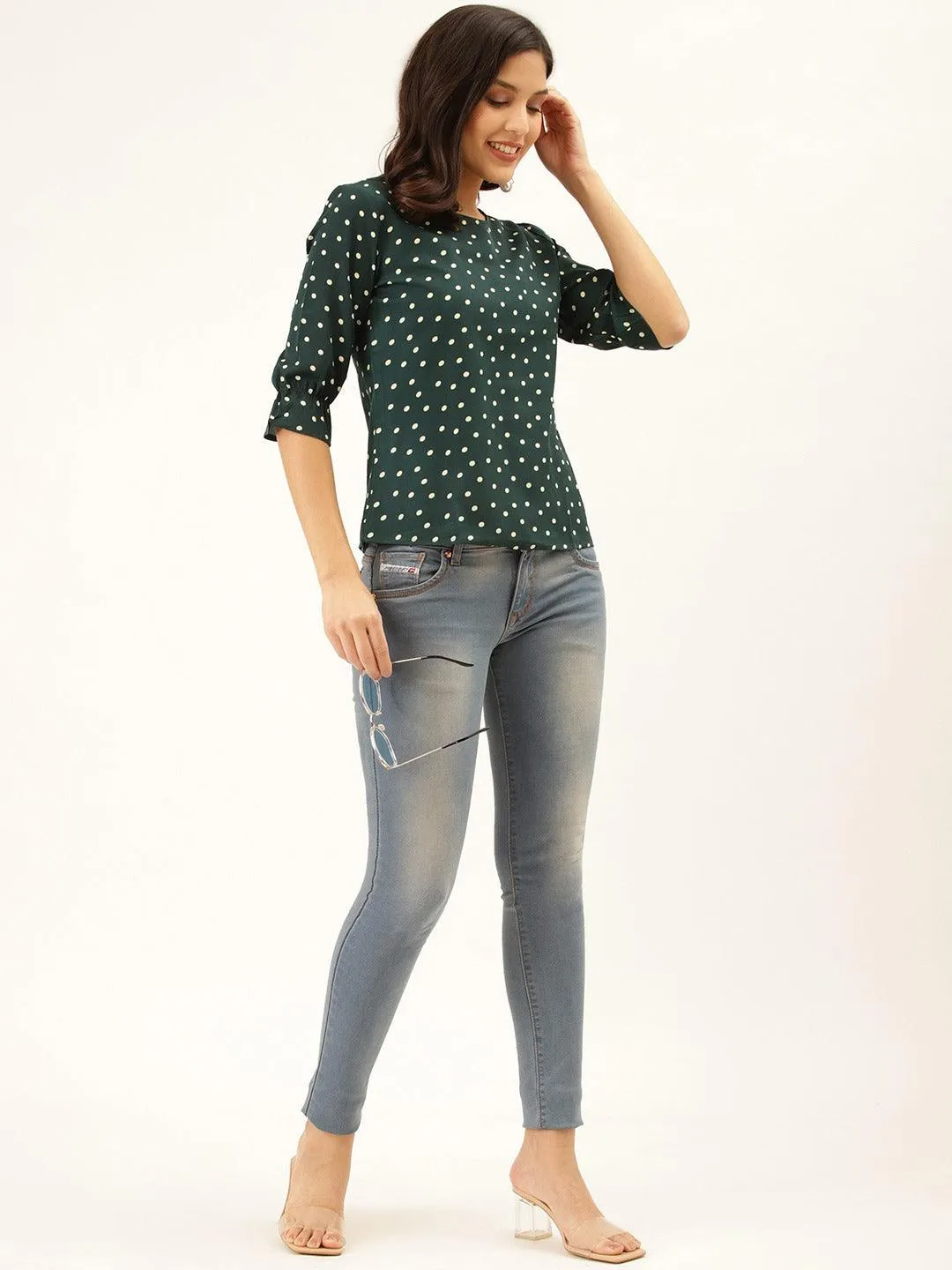 Style Quotient Women Green And White Polka Dot Printed Polyester Smart Casual Top