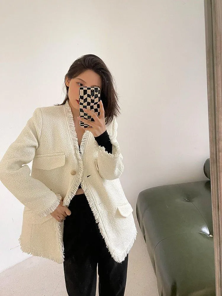 Tweed Cardigan Blazer Jacket Coat 2 Colors Black White