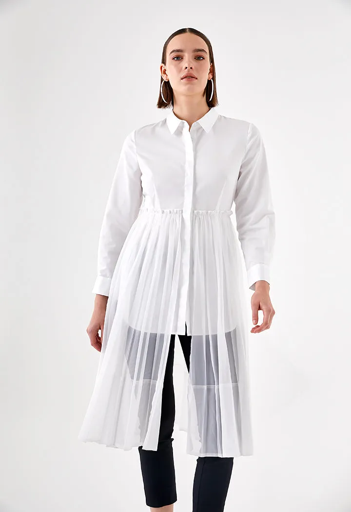 White Long Pleated Overlay Shirt