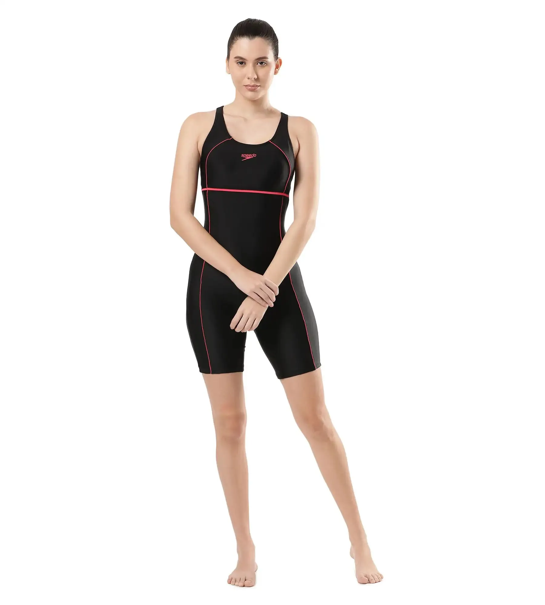 Women's Endurance Classic Racerback Legsuit Swimwear  - Black  &  Raspberry Fill