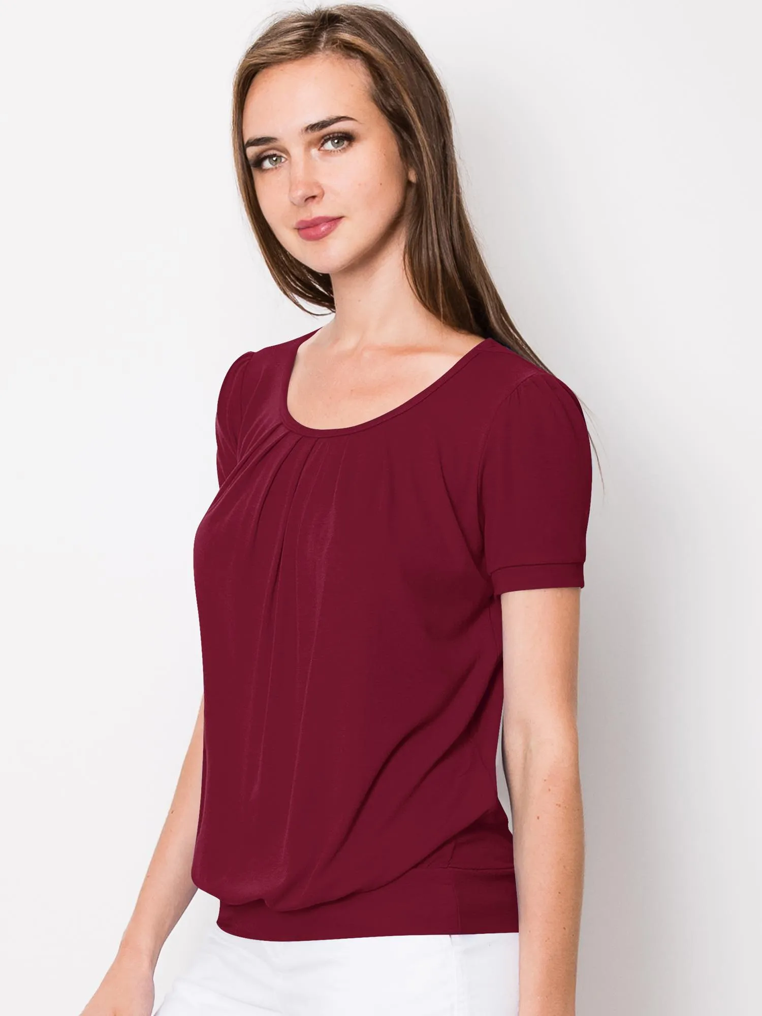 Women's Scoop Neck Short Sleeve Front Pleated Blouse