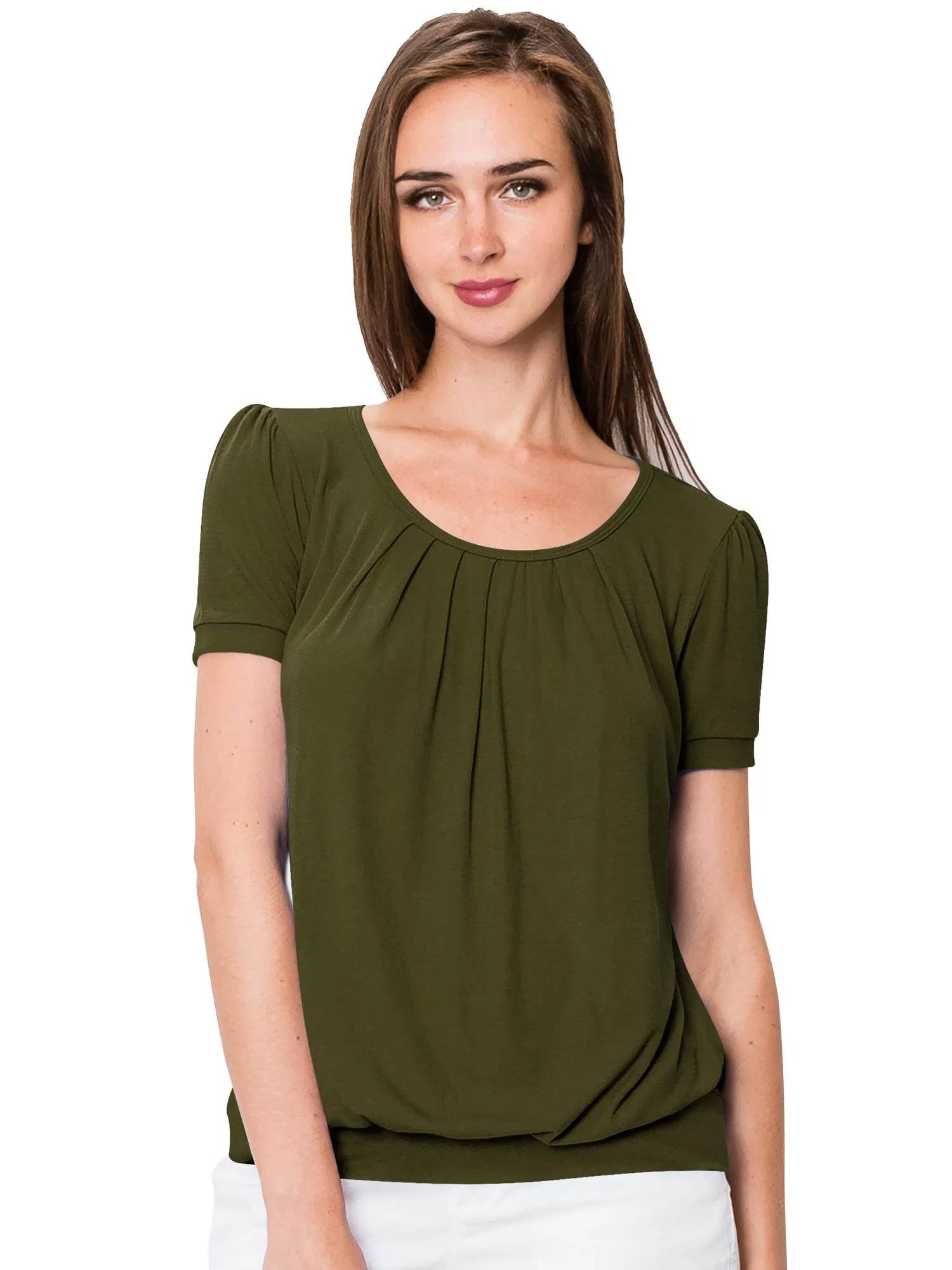 Women's Scoop Neck Short Sleeve Front Pleated Blouse