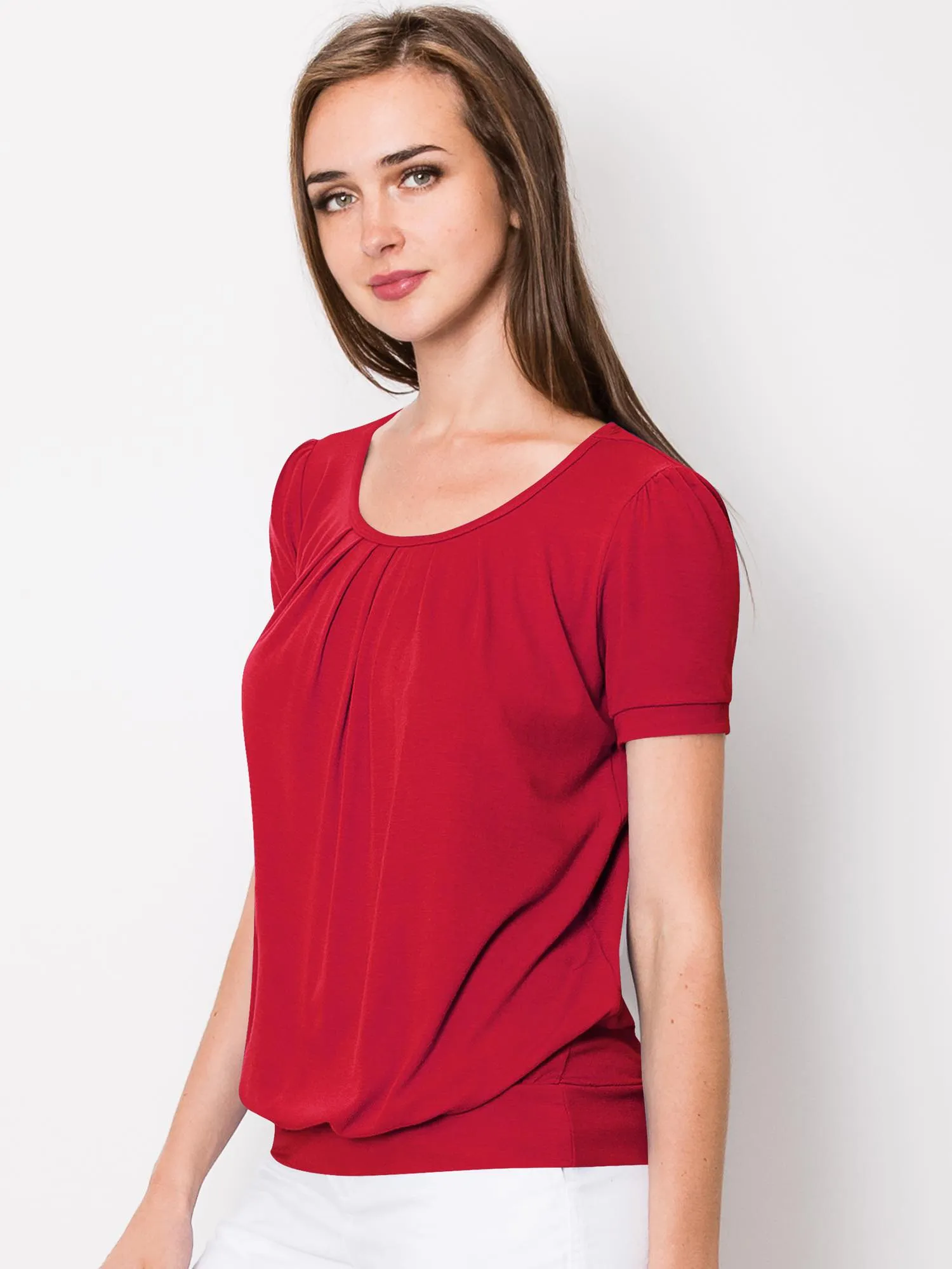 Women's Scoop Neck Short Sleeve Front Pleated Blouse