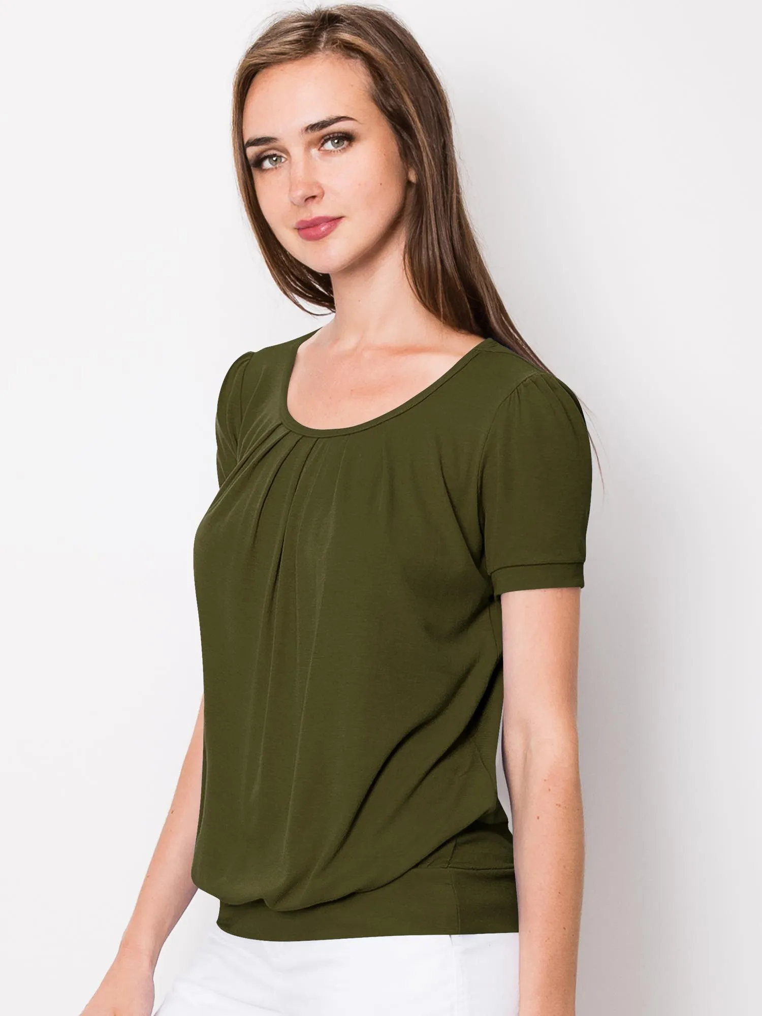 Women's Scoop Neck Short Sleeve Front Pleated Blouse