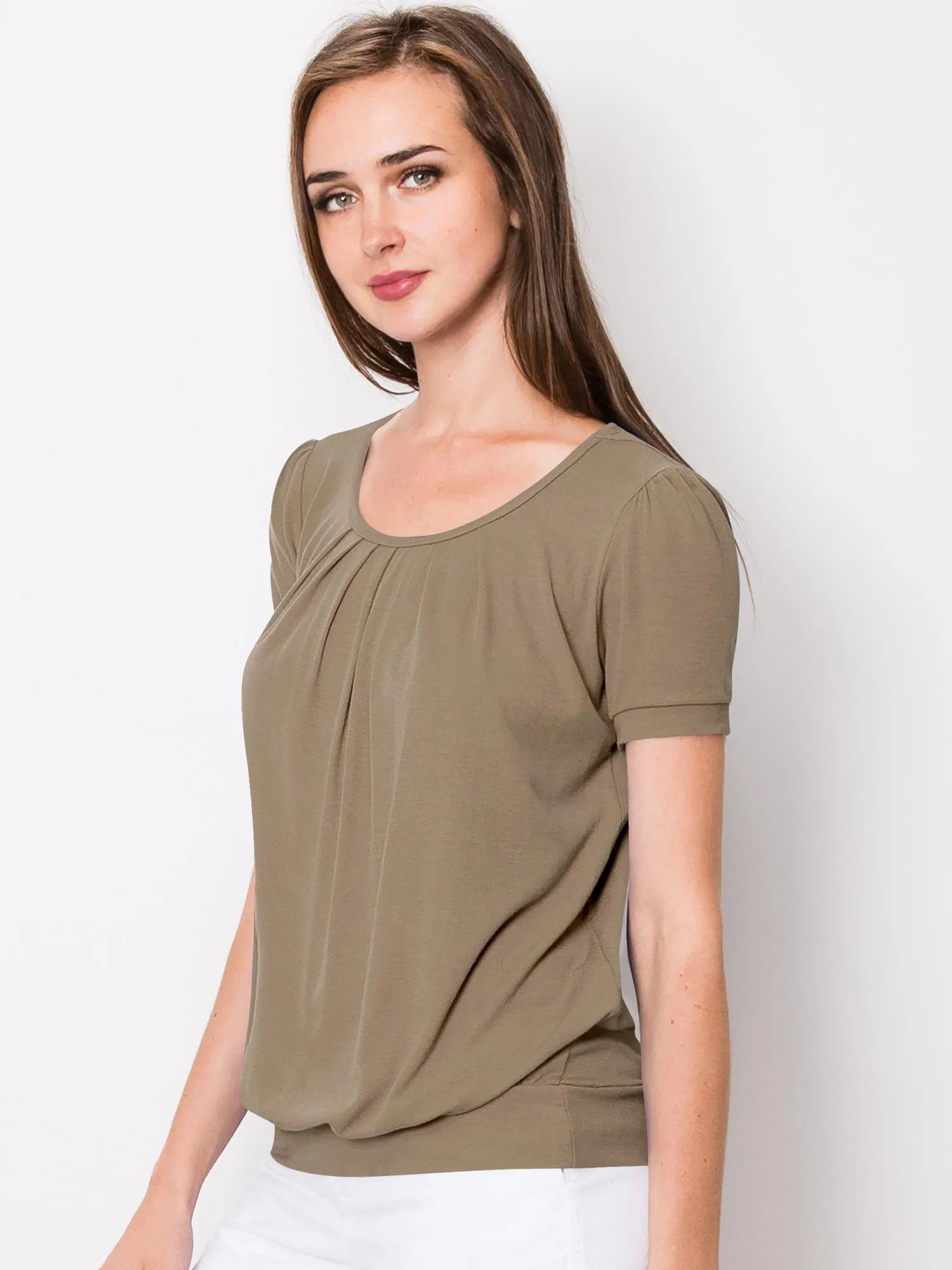 Women's Scoop Neck Short Sleeve Front Pleated Blouse