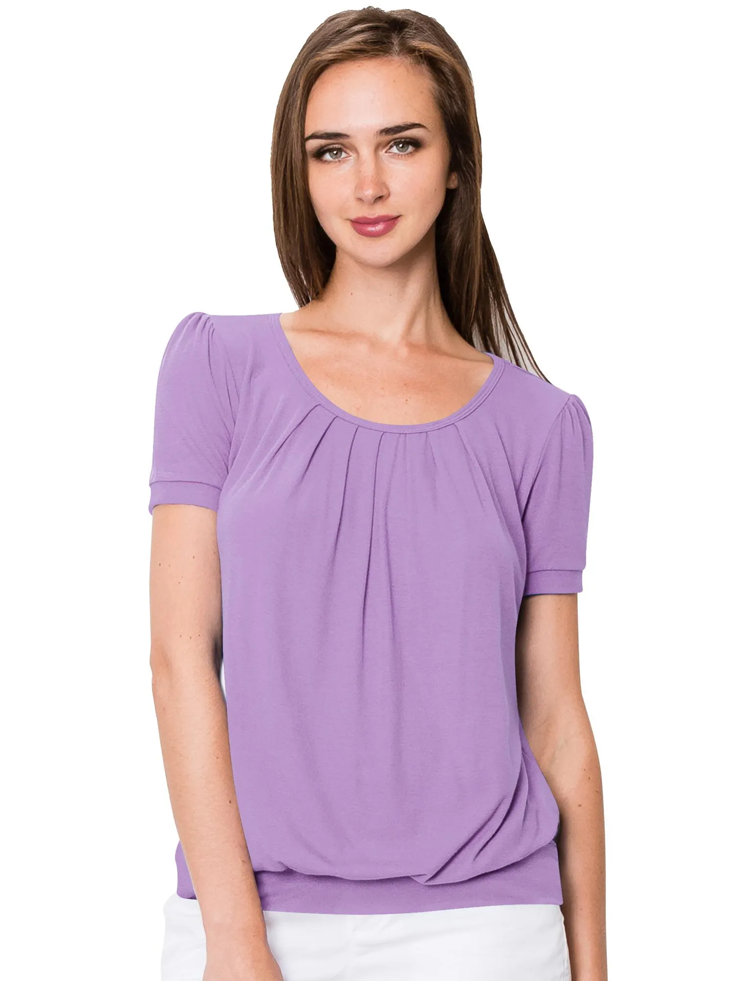 Women's Scoop Neck Short Sleeve Front Pleated Blouse