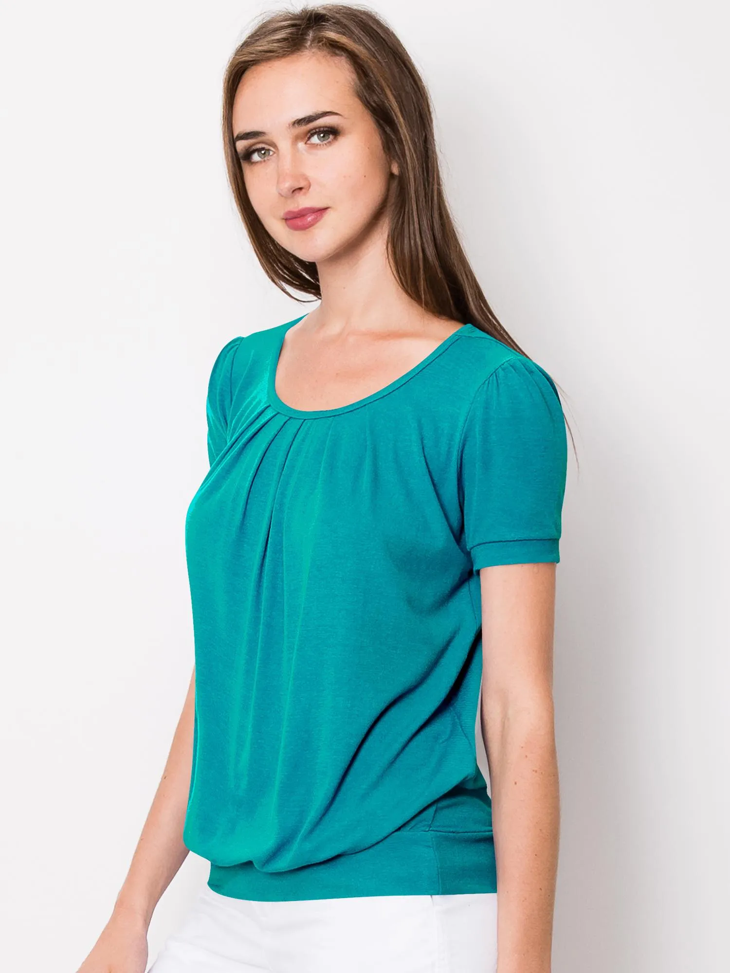 Women's Scoop Neck Short Sleeve Front Pleated Blouse