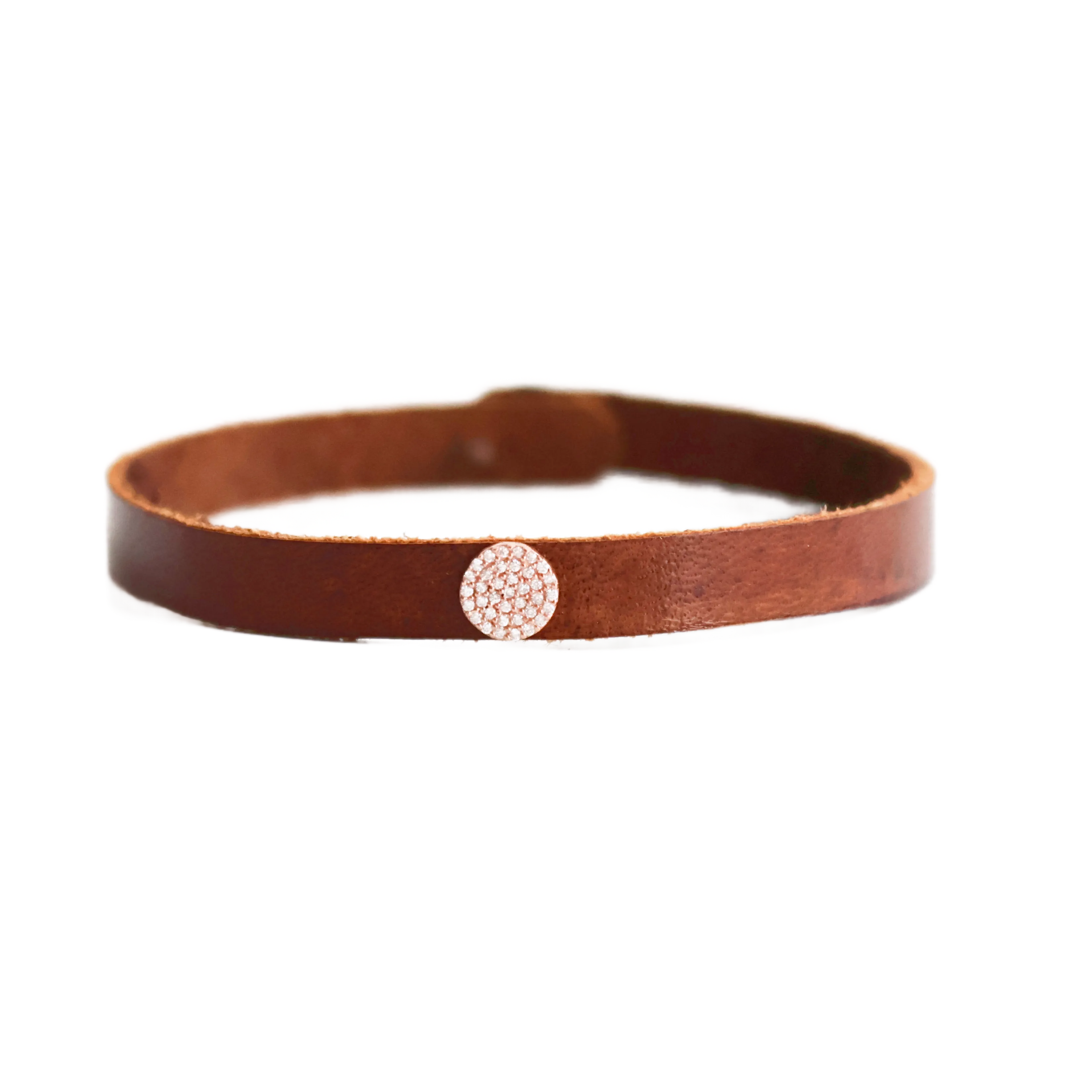 Yellow Gold Pave Diamond Disk Brown Leather Bracelet